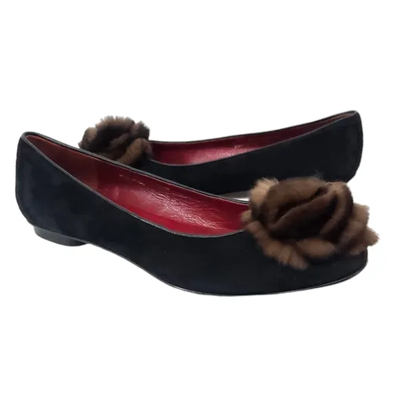 Grigiarancio by Calzaturificio Marco Fur Trim Suede Ballet Flat in Black Size 7