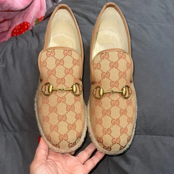 Gucci Tan and Gold Loafers with Horsebit Detail