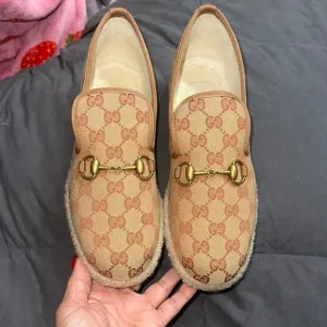 Gucci Tan and Gold Loafers with Horsebit Detail