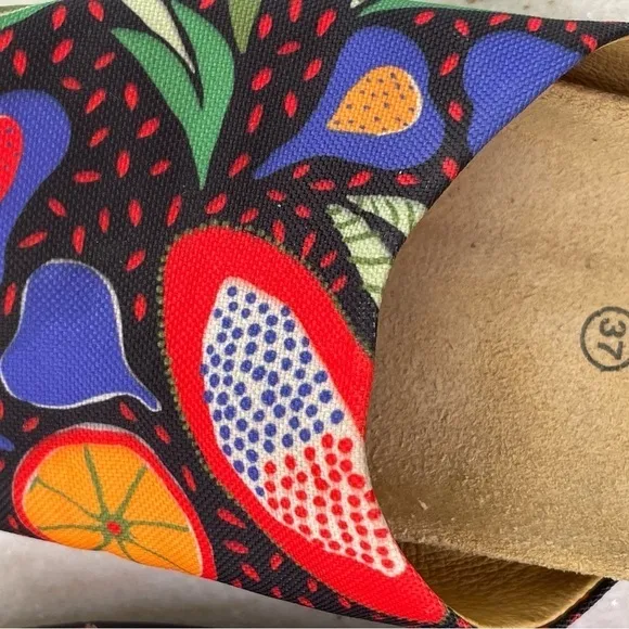 Gudrun Sjoden sandals slides fruit print sz EU 37 or 7 cork bottom Swedish