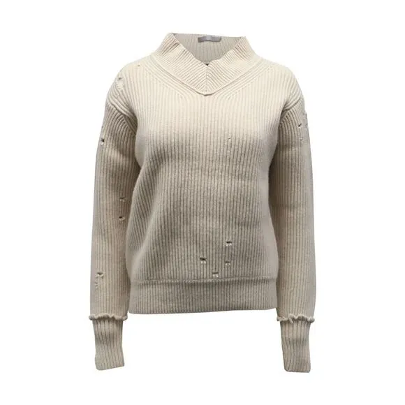 Helmut Lang Distressed Ribbed Knit Sweater in Beige Wool