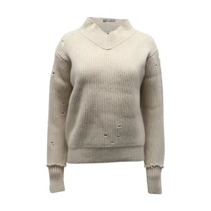 Helmut Lang Distressed Ribbed Knit Sweater in Beige Wool