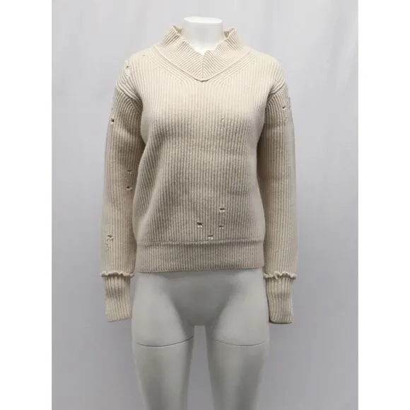 Helmut Lang Distressed Ribbed Knit Sweater in Beige Wool