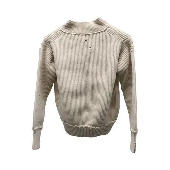 Helmut Lang Distressed Ribbed Knit Sweater in Beige Wool