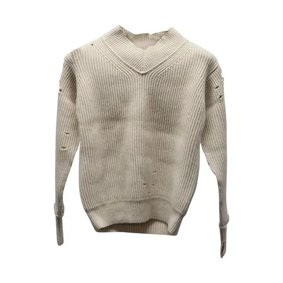 Helmut Lang Distressed Ribbed Knit Sweater in Beige Wool