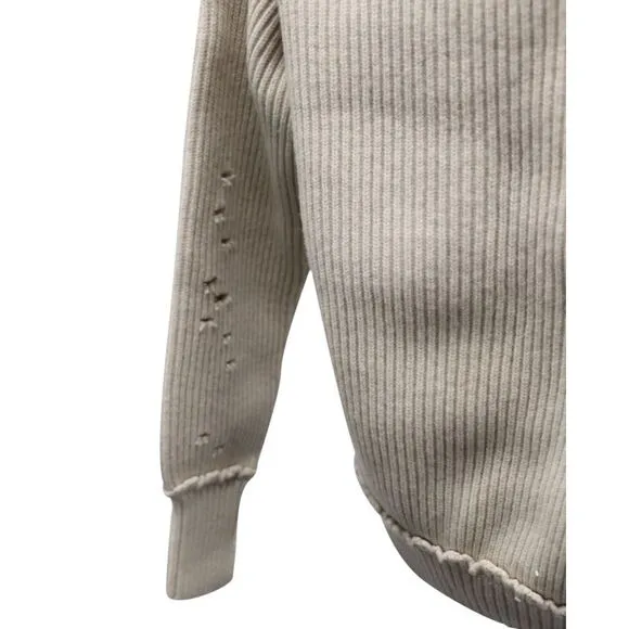 Helmut Lang Distressed Ribbed Knit Sweater in Beige Wool