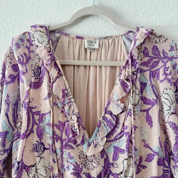 Hemant &amp; Nandita Asia Ruffle Tassel Mini Dress Purple Floral Size Small