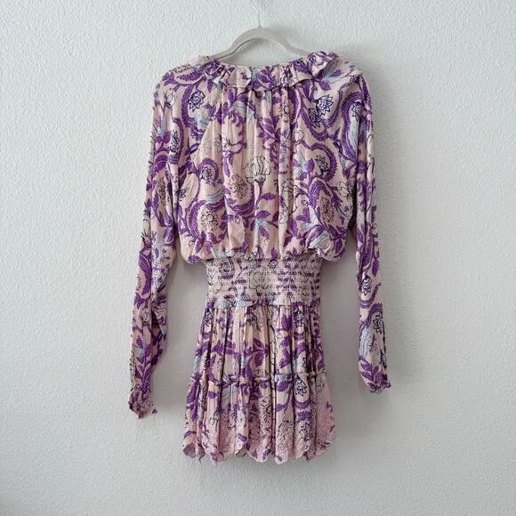 Hemant &amp; Nandita Asia Ruffle Tassel Mini Dress Purple Floral Size Small