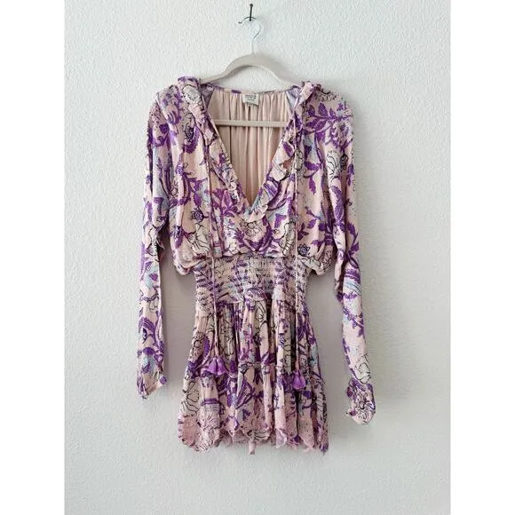 Hemant &amp; Nandita Asia Ruffle Tassel Mini Dress Purple Floral Size Small