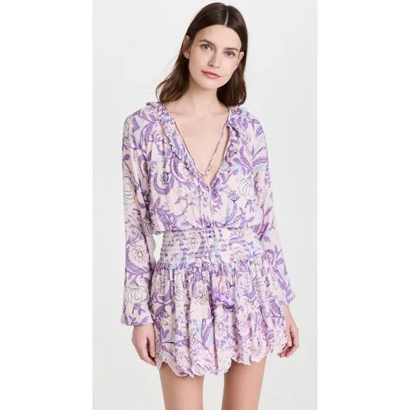 Hemant &amp; Nandita Asia Ruffle Tassel Mini Dress Purple Floral Size Small