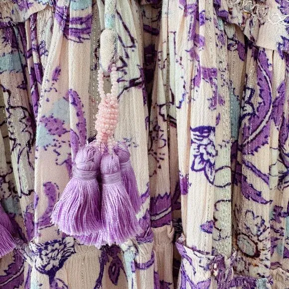 Hemant &amp; Nandita Asia Ruffle Tassel Mini Dress Purple Floral Size Small