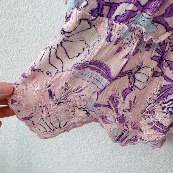 Hemant &amp; Nandita Asia Ruffle Tassel Mini Dress Purple Floral Size Small