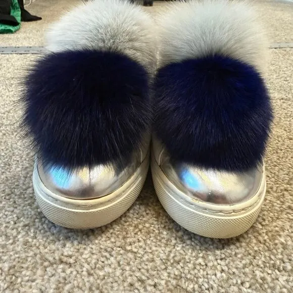 Here/Now 9.5  fox fur Pom Pom platform sneakers 2527