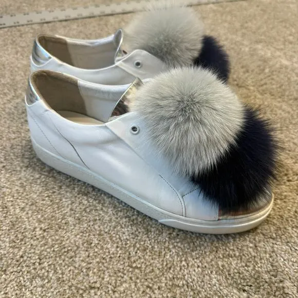 Here/Now 9.5  fox fur Pom Pom platform sneakers 2527