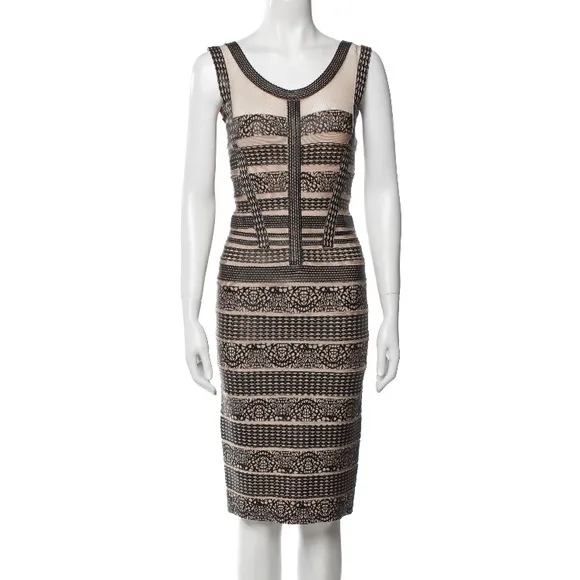HERVE LEGER Black &amp; Nude Faux Leather Mesh BodyCon Pencil Dress