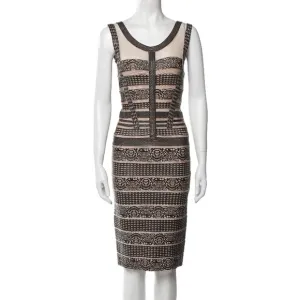 HERVE LEGER Black &amp; Nude Faux Leather Mesh BodyCon Pencil Dress