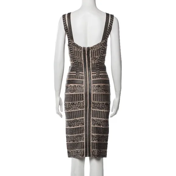 HERVE LEGER Black &amp; Nude Faux Leather Mesh BodyCon Pencil Dress