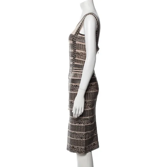 HERVE LEGER Black &amp; Nude Faux Leather Mesh BodyCon Pencil Dress