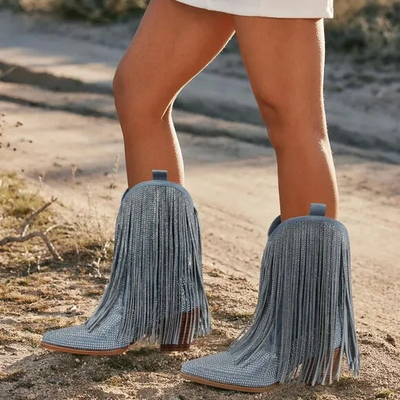 HICLOTSA Ankle Boots Women's Sparkly Fringe Pointed Toe Chunky Heel Side Zipper