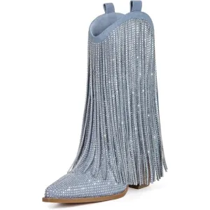 HICLOTSA Ankle Boots Women's Sparkly Fringe Pointed Toe Chunky Heel Side Zipper