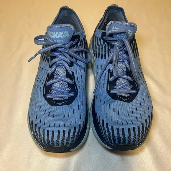 Hoka One One Clifton 5 Knit Blue Running Athletic Sneakers Womens Size 9