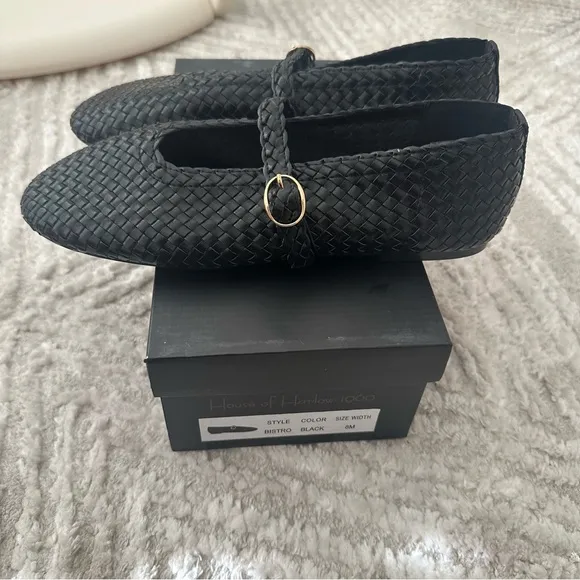 House Of Harlow 1960 Bistro Black‎ Faux Leather Woven Ballet Flats