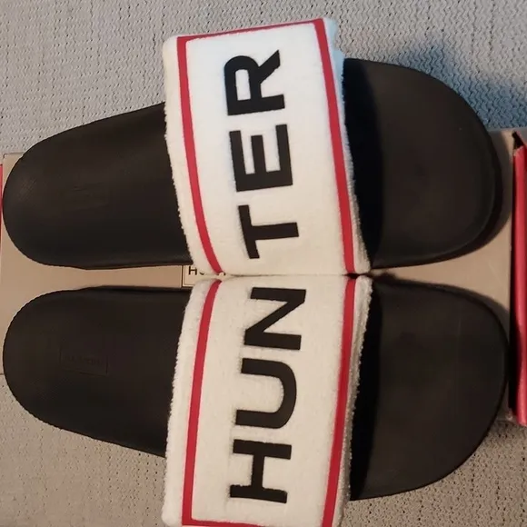 Hunter Men's Original Terry Towelling Logo Adjustable Slides White NIB