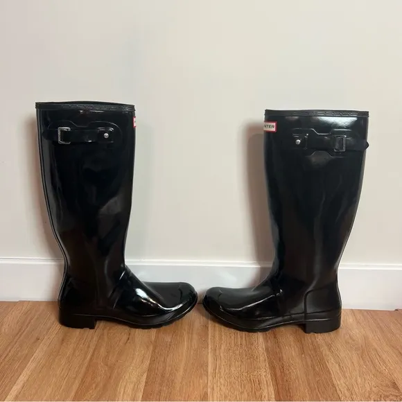 Hunter Original Tour Gloss Black Tall Packable Rain Boots Women Size 10 Preppy