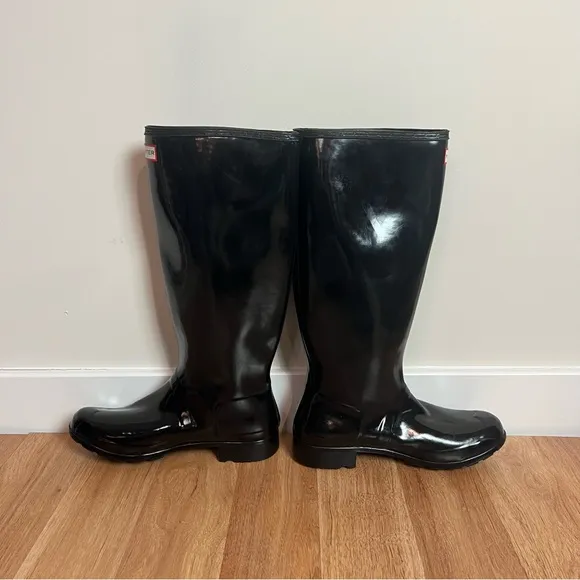 Hunter Original Tour Gloss Black Tall Packable Rain Boots Women Size 10 Preppy