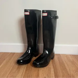 Hunter Original Tour Gloss Black Tall Packable Rain Boots Women Size 10 Preppy