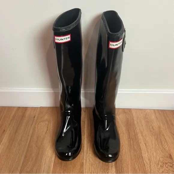 Hunter Original Tour Gloss Black Tall Packable Rain Boots Women Size 10 Preppy