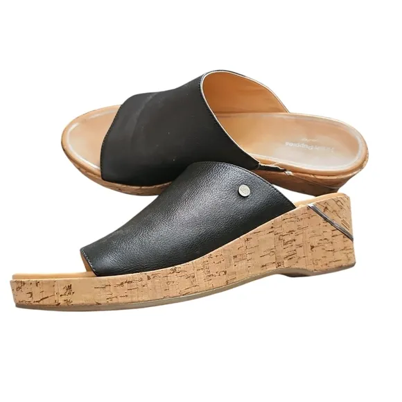 Hush Puppies Maya slides Black leather cork Wedge Sandals sz 12 SH238