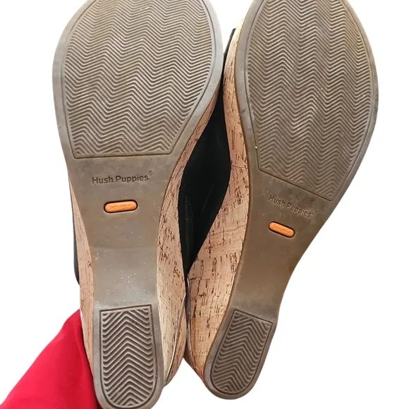 Hush Puppies Maya slides Black leather cork Wedge Sandals sz 12 SH238