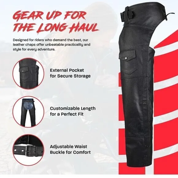 HWK Motorcycle Leather Chaps Black Motorcycle Chaps NEW with tag
