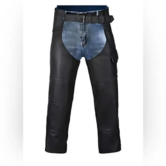 HWK Motorcycle Leather Chaps Black Motorcycle Chaps NEW with tag