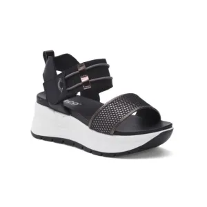 IGI&amp;CO Black Made In Italy Leather Comfort Multi Band Wedge Sandals