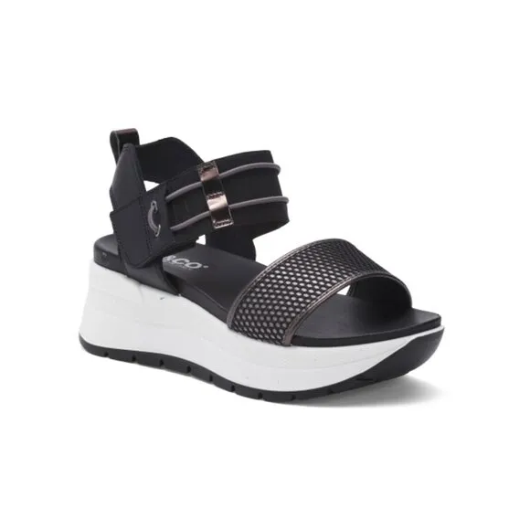 IGI&amp;CO Black Made In Italy Leather Comfort Multi Band Wedge Sandals
