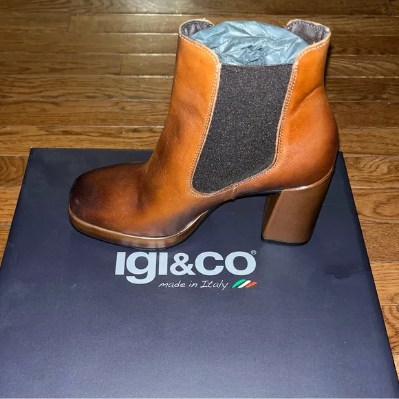Igi&amp;Co Leather Ankle Boots Beatles with Heels Cognac Brown Women’s Size 5