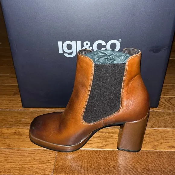 Igi&amp;Co Leather Ankle Boots Beatles with Heels Cognac Brown Women’s Size 5