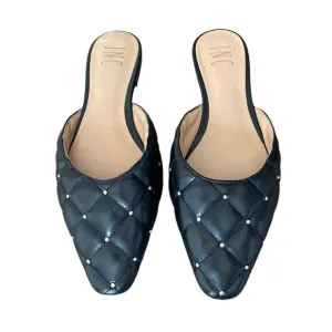 INC International Concepts Black Faux Leather Quilted Studded Mule Flats size 9