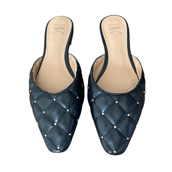 INC International Concepts Black Faux Leather Quilted Studded Mule Flats size 9