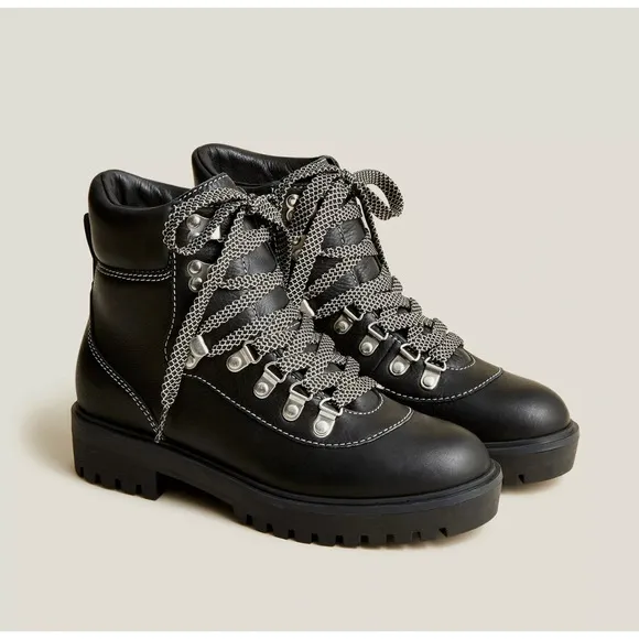 J. Crew Boots Women 8M Black Leather Lightweight Nordic Hiker Ankle BB383 Combat