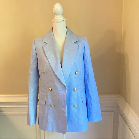 J CREW Bristol Light Peri Blue Linen Blend Double Breasted Blazer Jacket