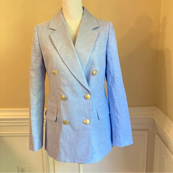 J CREW Bristol Light Peri Blue Linen Blend Double Breasted Blazer Jacket