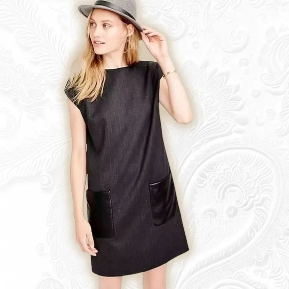 J. Crew Charcoal Gray Sleeveless Faux Leather Pocket Wool Blend Shift Dress Sz 0