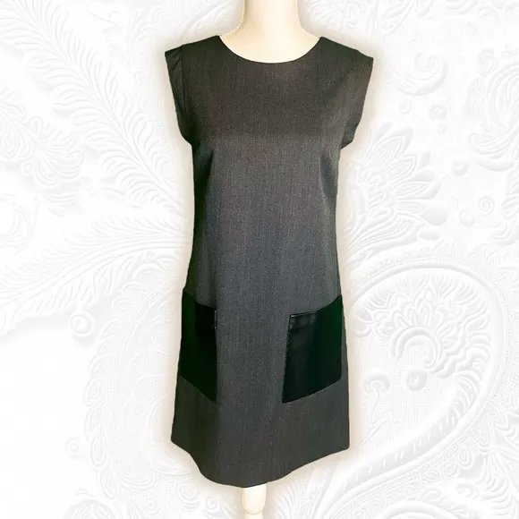 J. Crew Charcoal Gray Sleeveless Faux Leather Pocket Wool Blend Shift Dress Sz 0