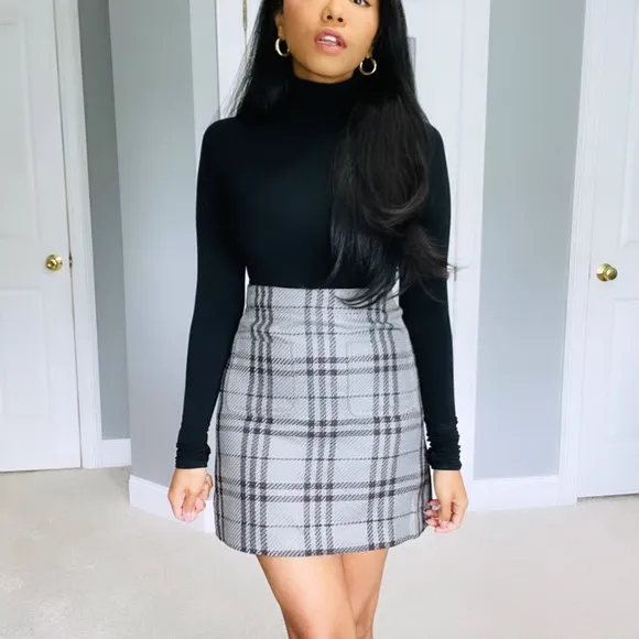 J. Crew | Grey and Black Plaid Academia High Waist Mini Skirt with pockets