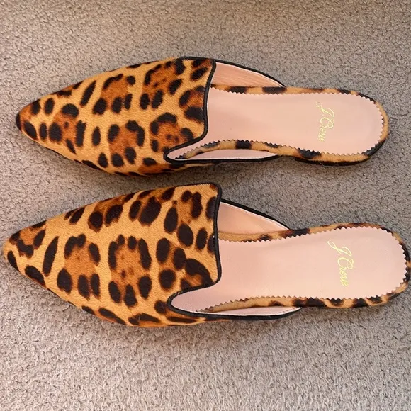 J. CREW POINTED-TOE SLIDE MULE IN LEOPARD CALF HAIR SIZE 8