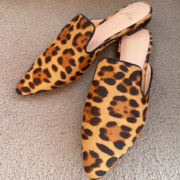J. CREW POINTED-TOE SLIDE MULE IN LEOPARD CALF HAIR SIZE 8
