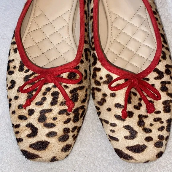 J. McLaughlin Anastasia hair calf leopard print red suede trim  ballet flat